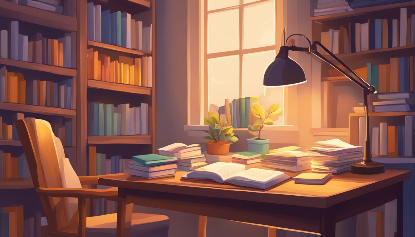 A cozy study nook with overflowing bookshelves, a desk covered in
notes and textbooks, and a warm glow from a desk lamp, inviting
self-education