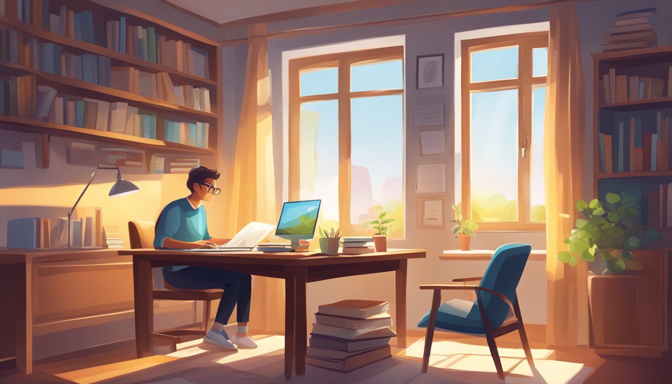 A cozy study with books, a laptop, and a notepad. Sunlight streams in
through the window, illuminating the space. A person sits at the desk,
absorbed in
learning