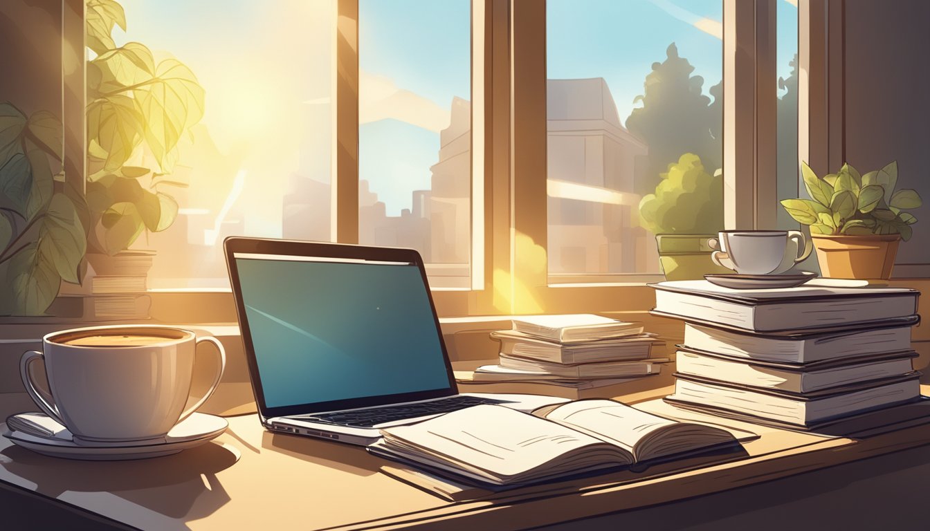 A stack of books and a laptop on a desk, surrounded by notes, pens,
and a cup of coffee. Sunlight streams through the window, illuminating
the
scene