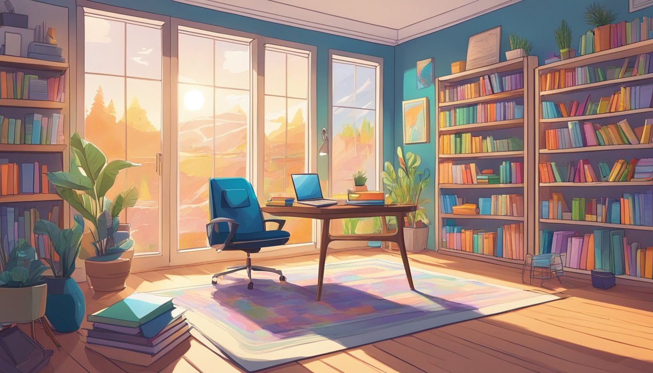 A cozy, sunlit room with bookshelves, a desk, and a comfortable chair.
A laptop and notebooks are open, surrounded by colorful pens and
highlighters. A world map and inspirational posters adorn the
walls