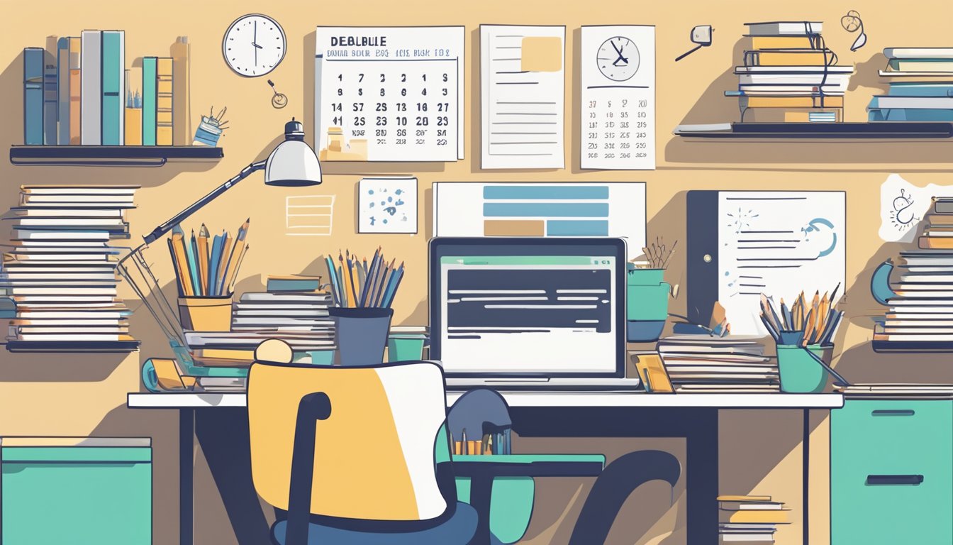 A desk cluttered with books, notebooks, and a laptop. A person’s hand
reaching for a pencil. A calendar with deadlines circled. A motivational
quote on the
wall