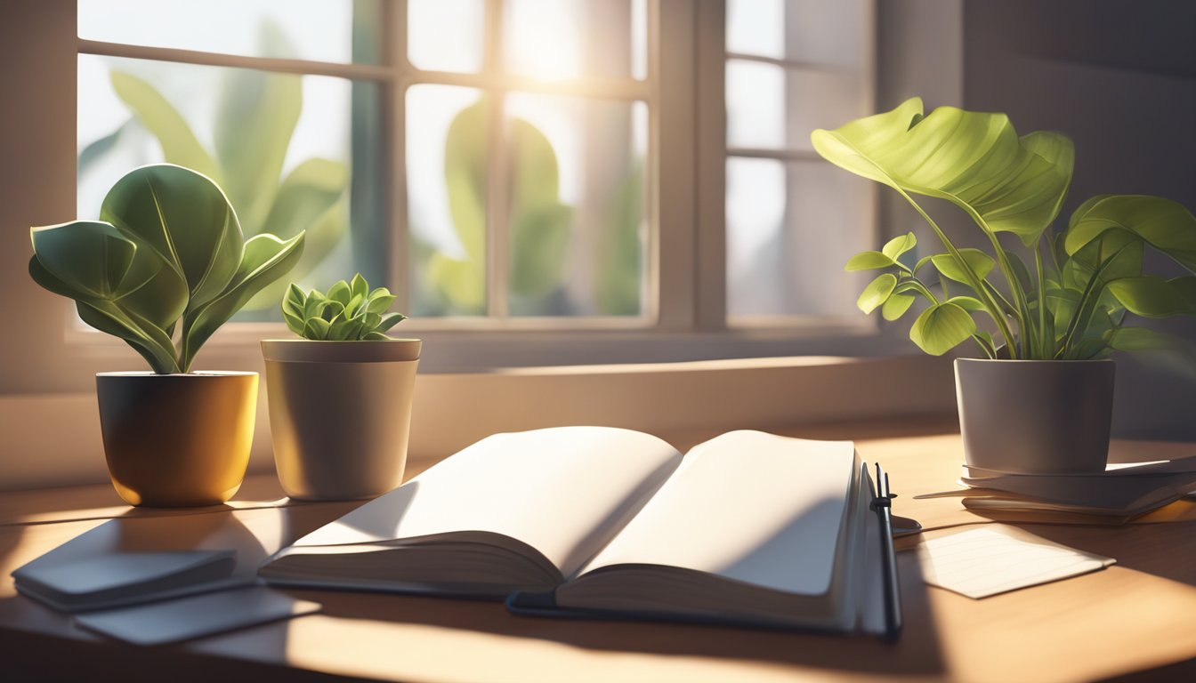 A cozy desk with a journal, pen, and plant. Sunlight streams in
through a window, creating a warm and inviting atmosphere for reflection
and personal
growth