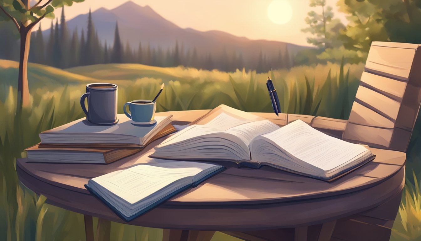 A desk with a journal, pen, and open book. A cozy reading nook with
soft lighting and a comfortable chair. A serene outdoor setting with a
journal and nature surrounding
it