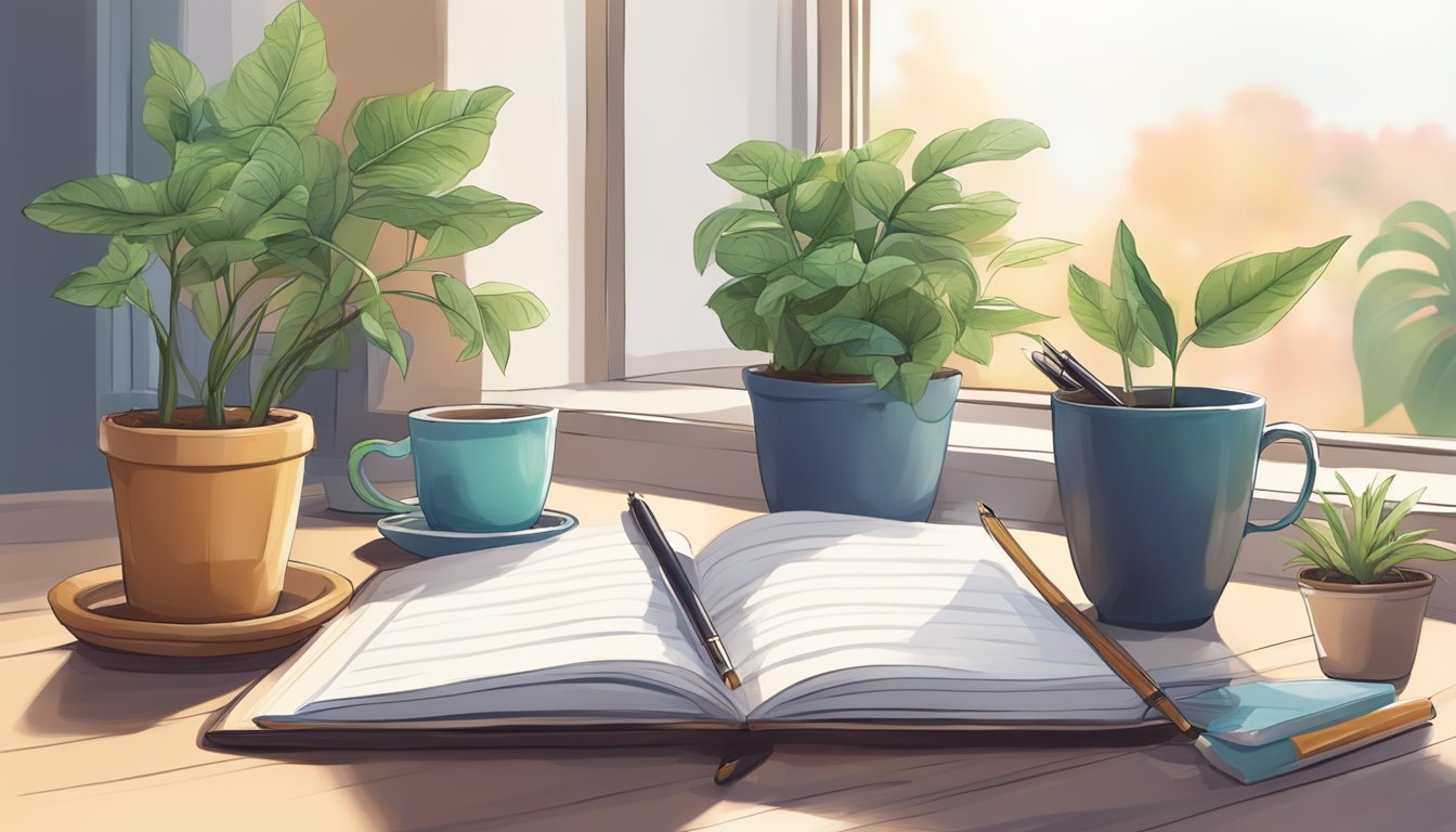 A desk with an open journal, pen, and a potted plant. A cozy, well-lit
space with a window and a cup of
tea