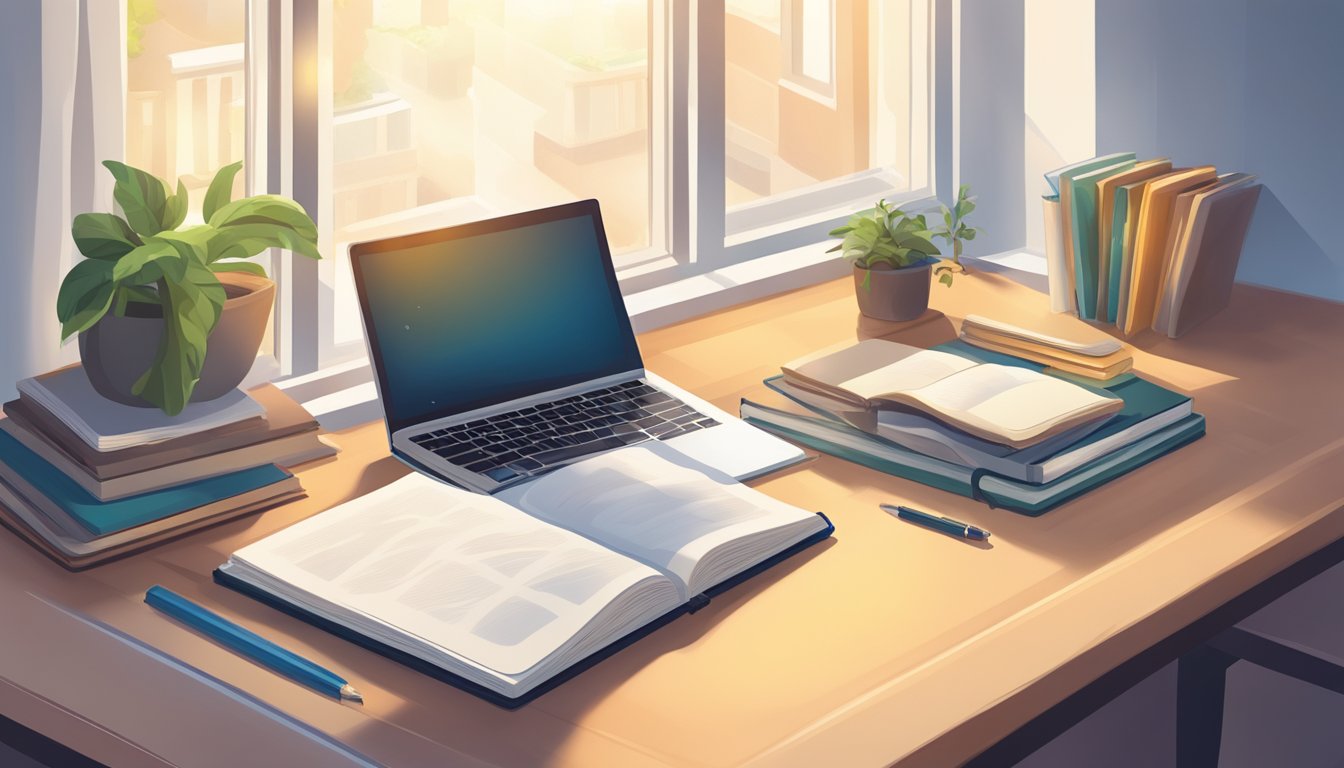 A desk with a neatly organized journal, open to a blank page,
surrounded by textbooks and a laptop. A beam of light from a window
highlights the
journal