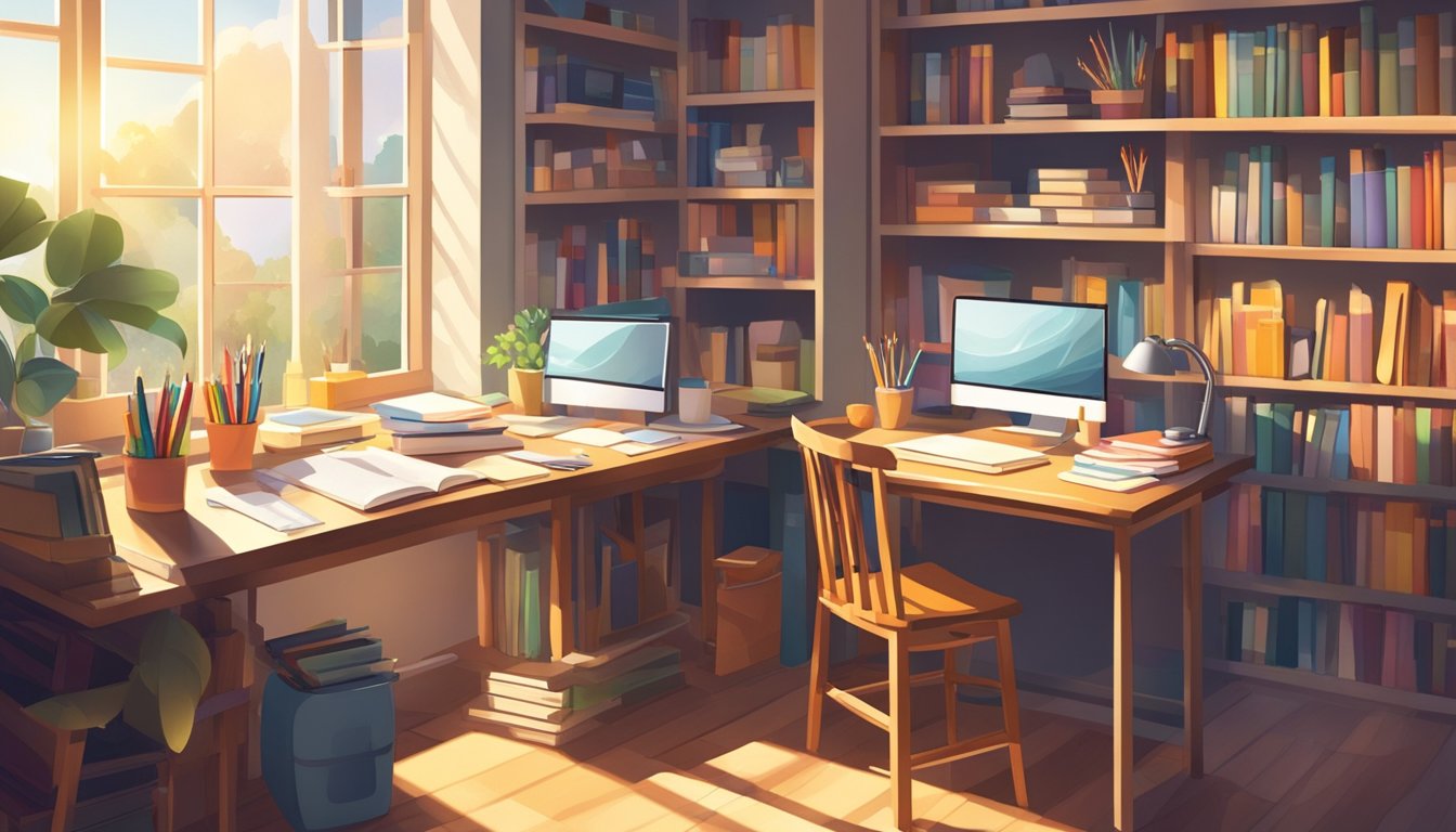 A desk with open journal, pens, and various art supplies. Sunlight
streams in through a window, casting a warm glow on the workspace. An
open bookshelf filled with books on creativity and personal development
stands in the
background