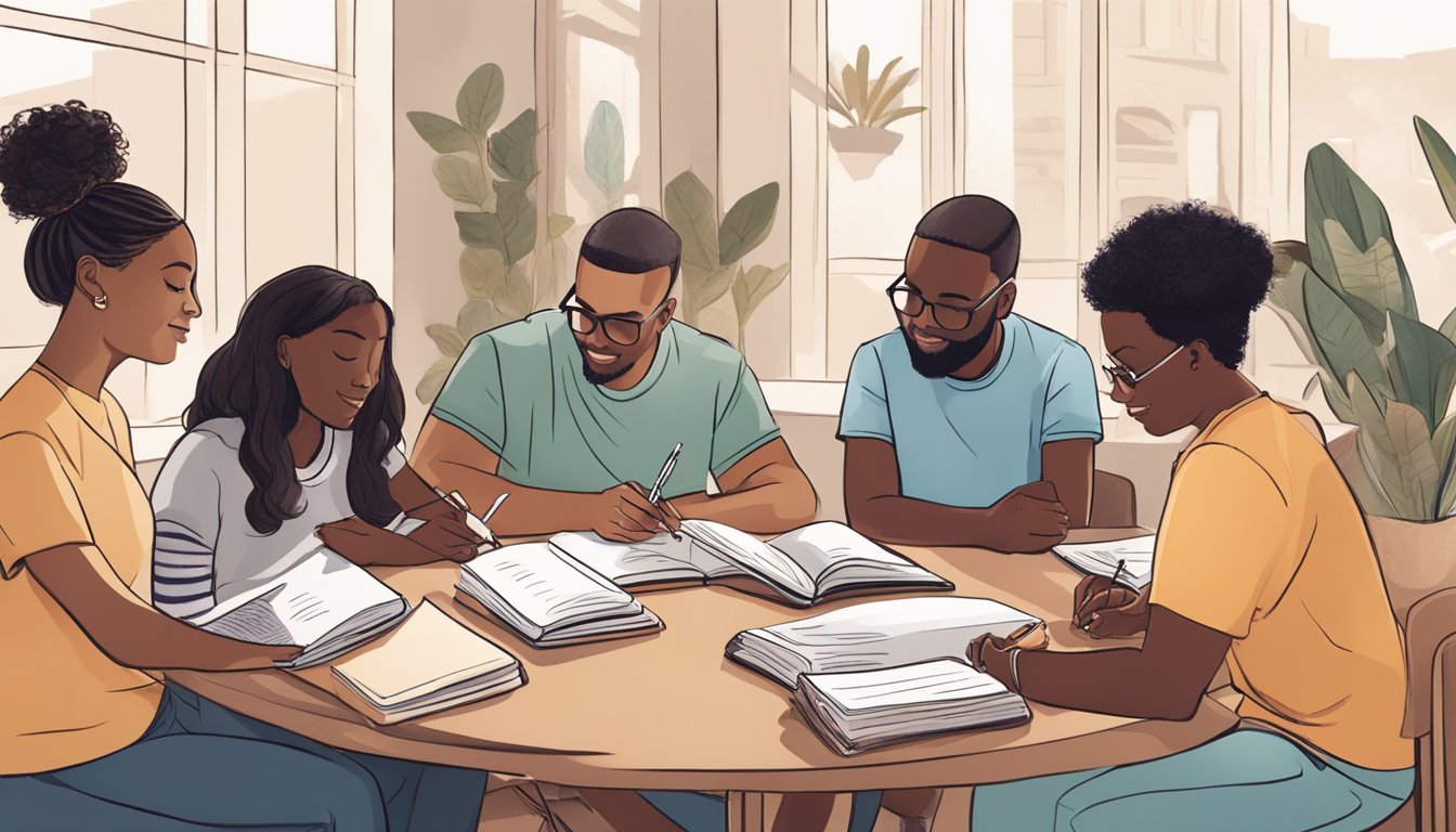 A group of diverse individuals sit together, writing in their
journals. They share insights and support each other, creating a sense
of community and connection through their shared practice of journaling
for personal
growth