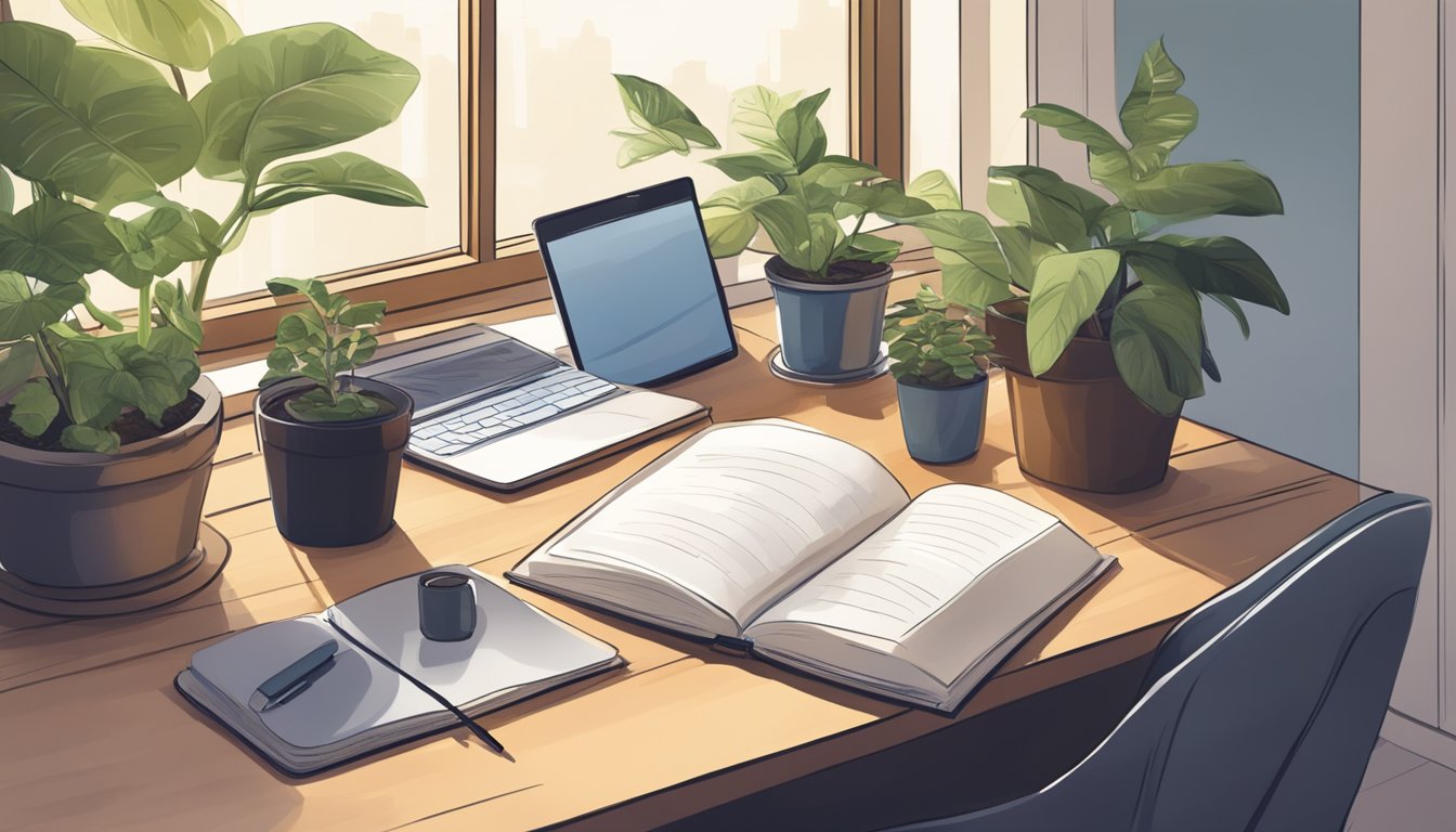 A desk with a journal, pen, and open book. A laptop and potted plant
sit nearby. A cozy, well-lit space for reflection and personal
growth