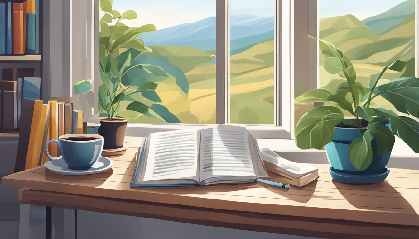 A desk with an open journal, surrounded by books, a potted plant, and
a cup of coffee, with a window revealing a scenic
view