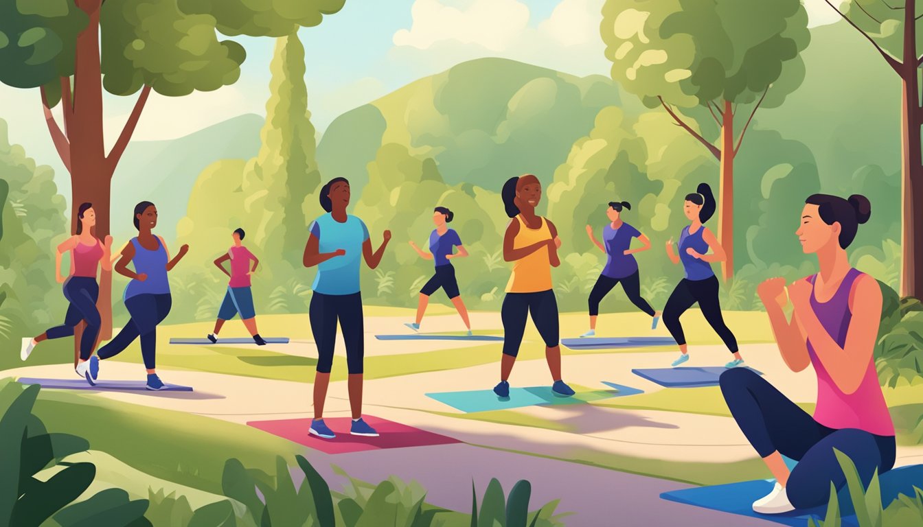 A group of people engage in outdoor fitness bootcamp activities,
surrounded by nature and sunshine. They are seen learning and training,
enjoying the benefits of physical and mental
well-being