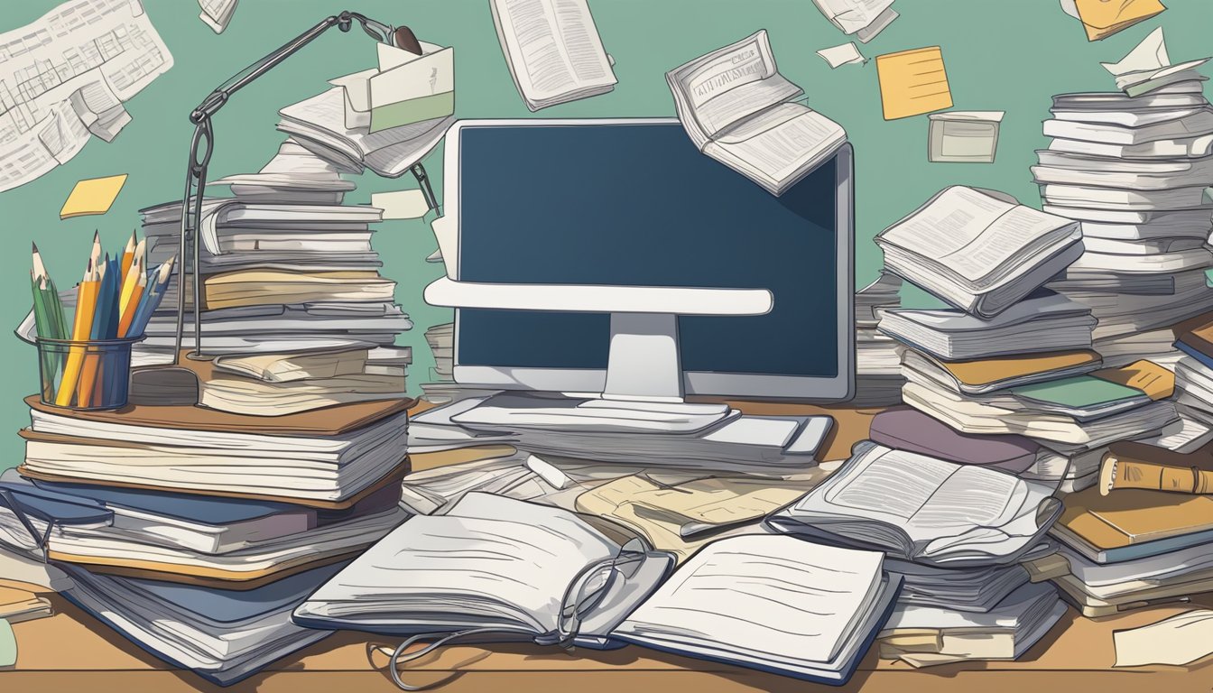 A cluttered desk with open textbooks, a laptop, and scattered notes. A
clock ticking in the background as the scene depicts a sense of
overwhelm and cognitive
overload