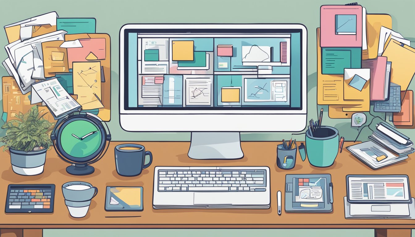 Multiple screens surround a cluttered desk, each displaying different
tasks. A brain icon shows signs of
overload