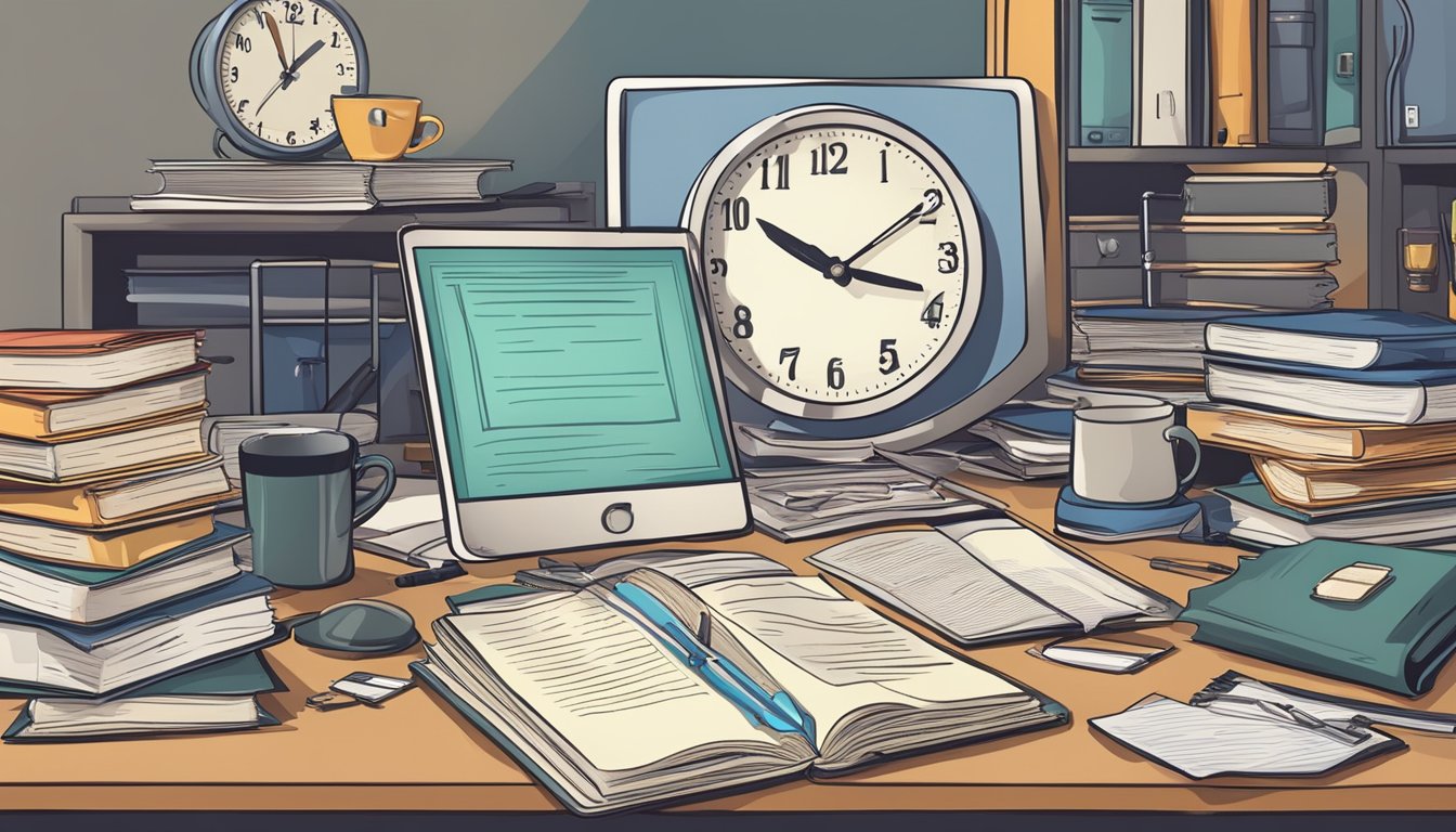 A cluttered desk with multiple open books and papers, a computer
screen displaying various tabs, and a clock ticking in the
background
