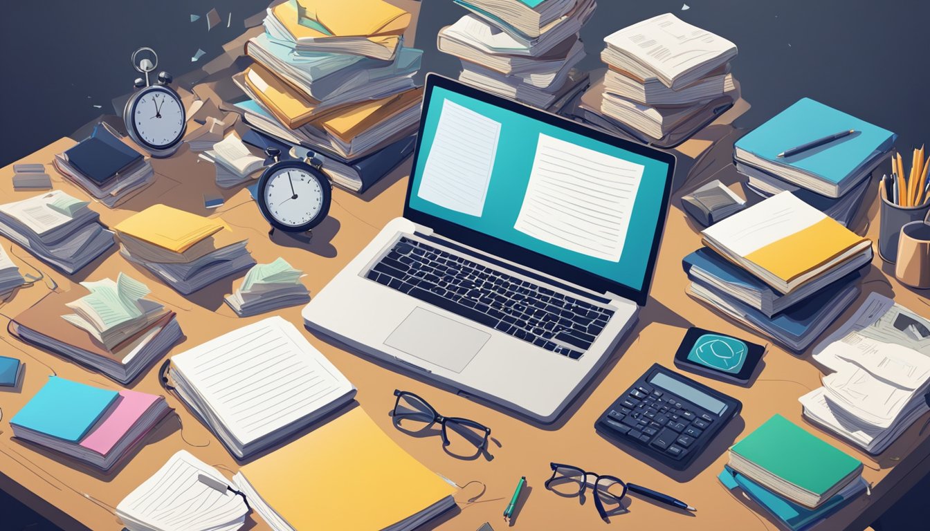 A cluttered desk with multiple open books, a laptop, and scattered
notes. A stopwatch ticking in the background. An overwhelmed atmosphere
with signs of
stress