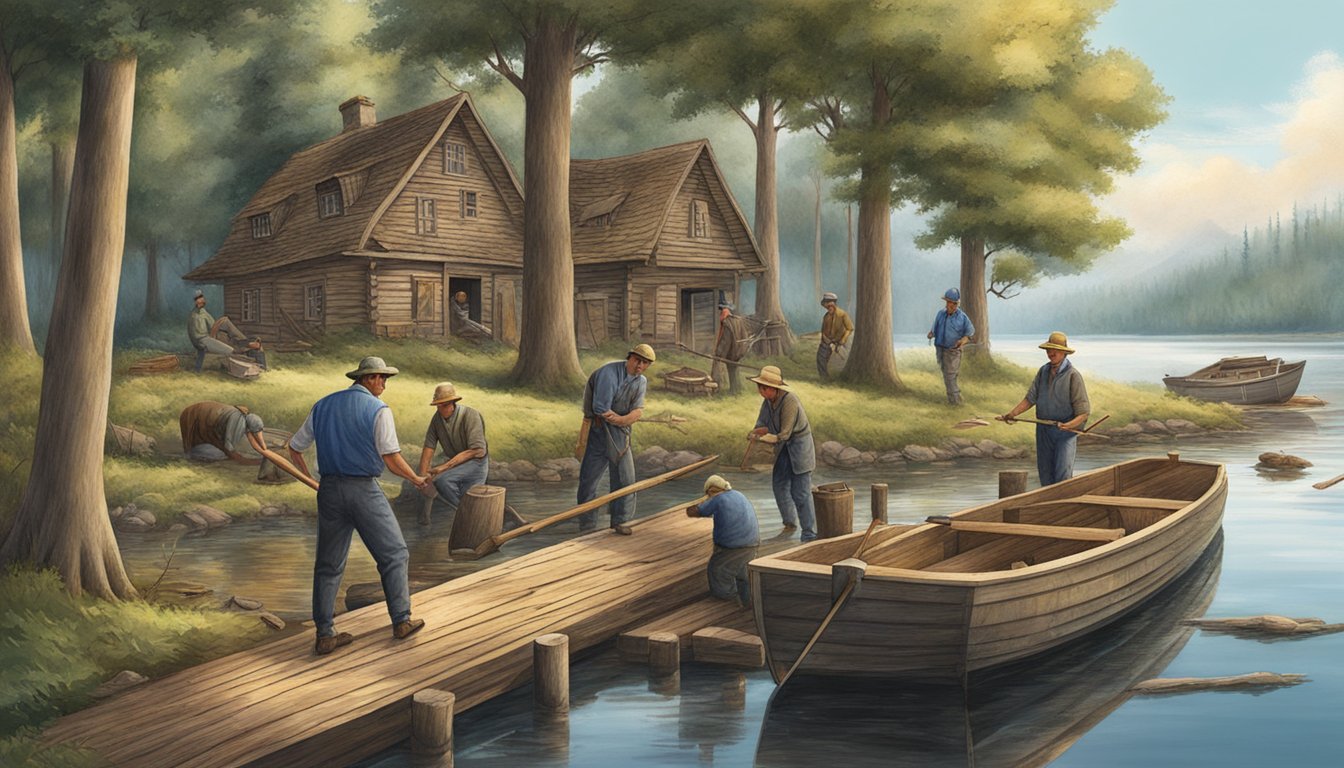 Men chopping trees, shaping wood, and building a boat by the
water