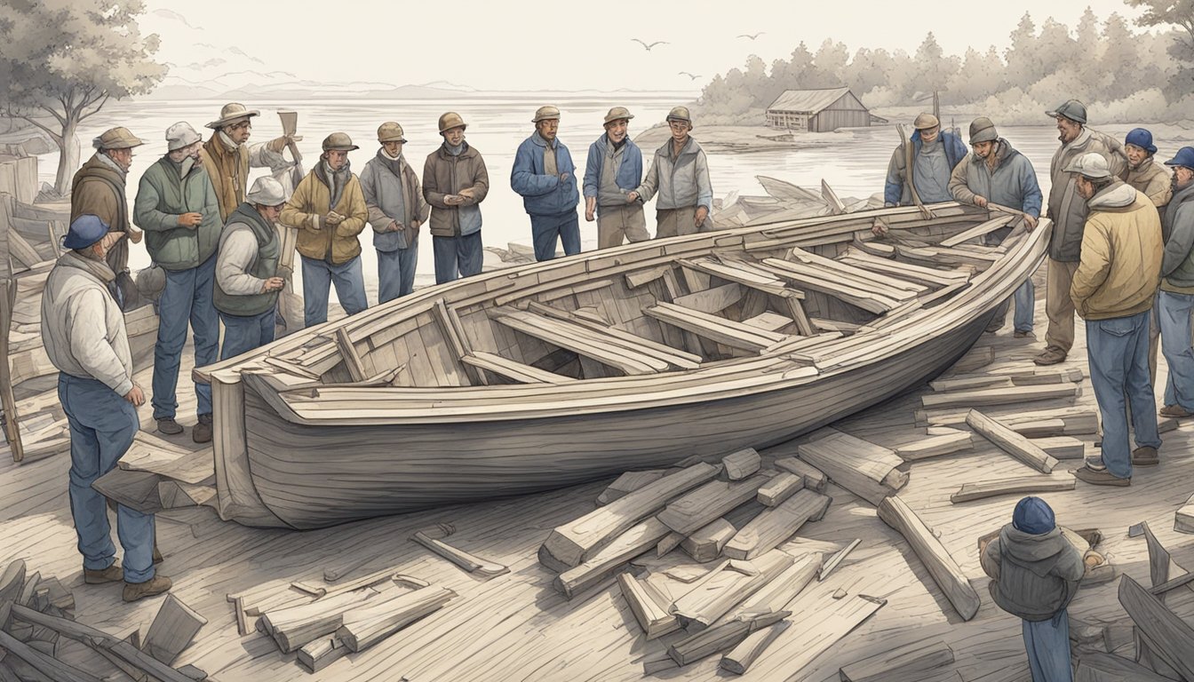 A group of men gather around a rough sketch of a boat, discussing and
gesturing excitedly. Nearby, a pile of freshly cut wood and tools lay
ready for
use