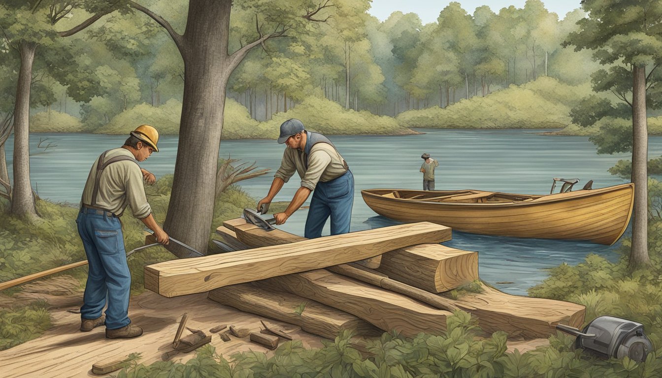 Men sawing trees, shaping wood, and assembling a
boat