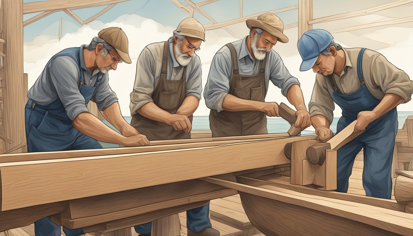 Men working together to build a boat, sawing and shaping wood, focused
and
determined