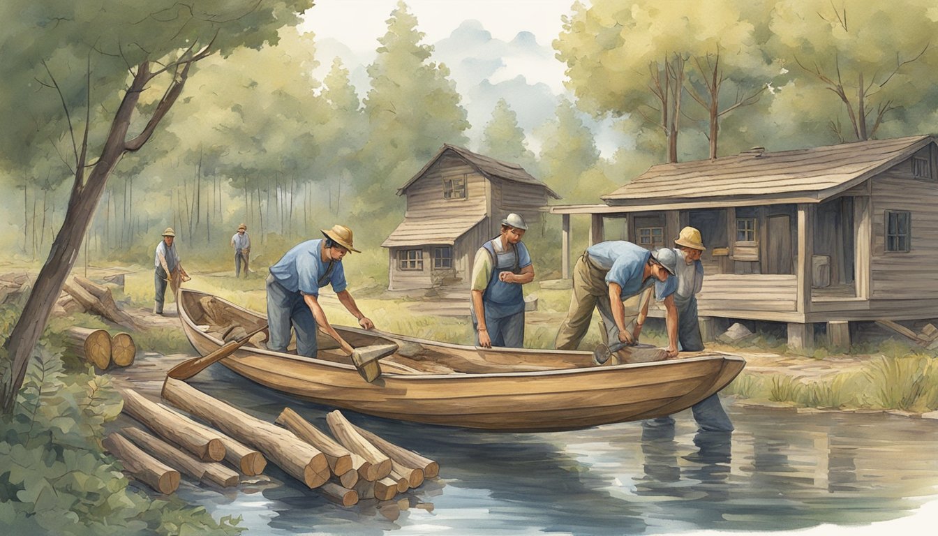 Men chopping trees, gathering wood, building a boat. Focus on the
process, not the
instruction