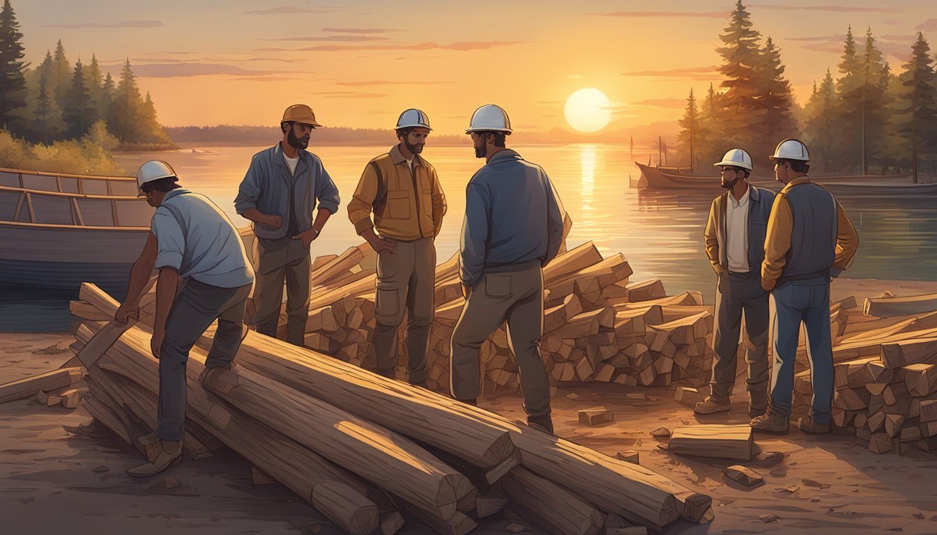 A group of men gather around a pile of chopped wood, discussing and
planning the construction of a boat. The sun sets in the background,
casting a warm glow over the
scene