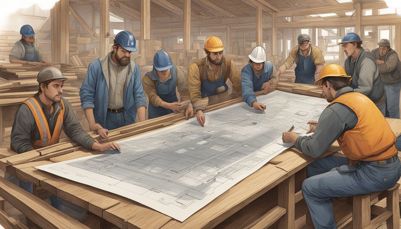 A group of men gather around a blueprint of a boat, discussing and
planning while surrounded by stacks of wood and
tools