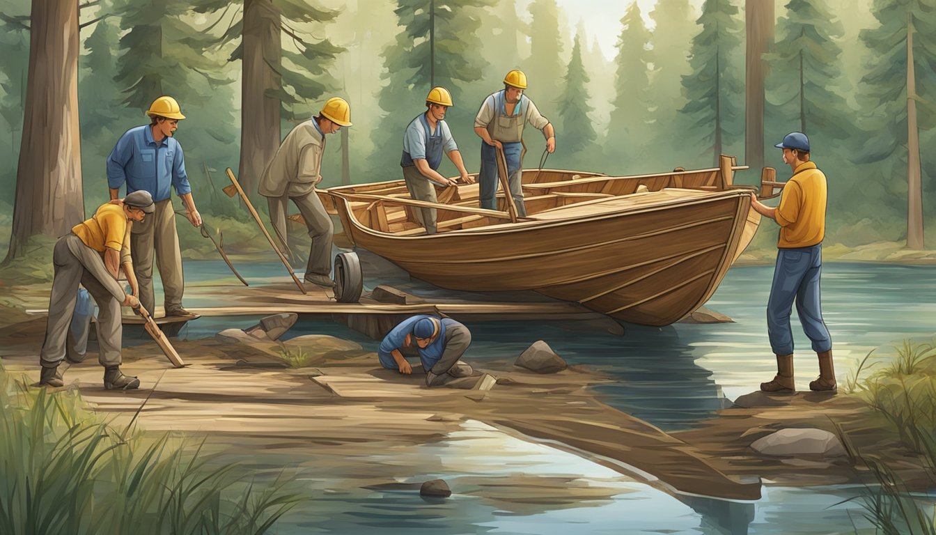 Men building a boat, not chopping trees. Woodwork
focus