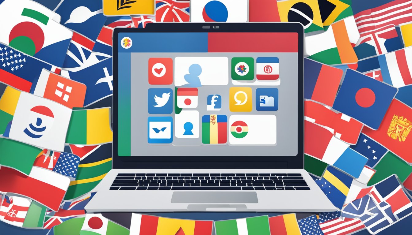 A laptop displaying various social media language exchange programs
with chat boxes open for different languages. Icons of flags
representing different countries are shown on the
screen