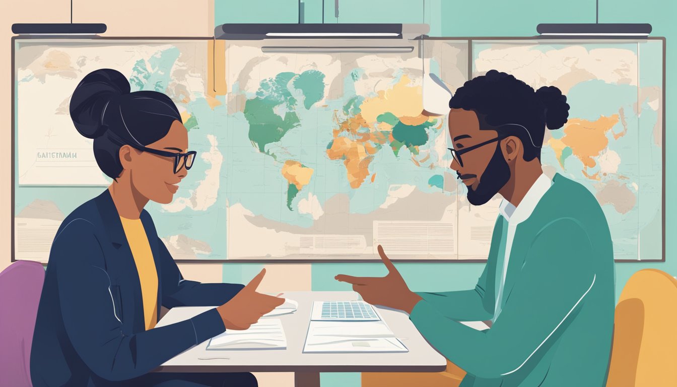 Two people sit facing each other, each holding a device. Speech
bubbles show them speaking different languages. A world map hangs on the
wall behind
them