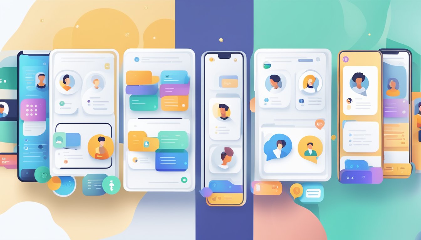 Various digital platforms connect users for language exchange. Screens
display conversations in different languages, while icons indicate
native speakers. Users practice and learn
together