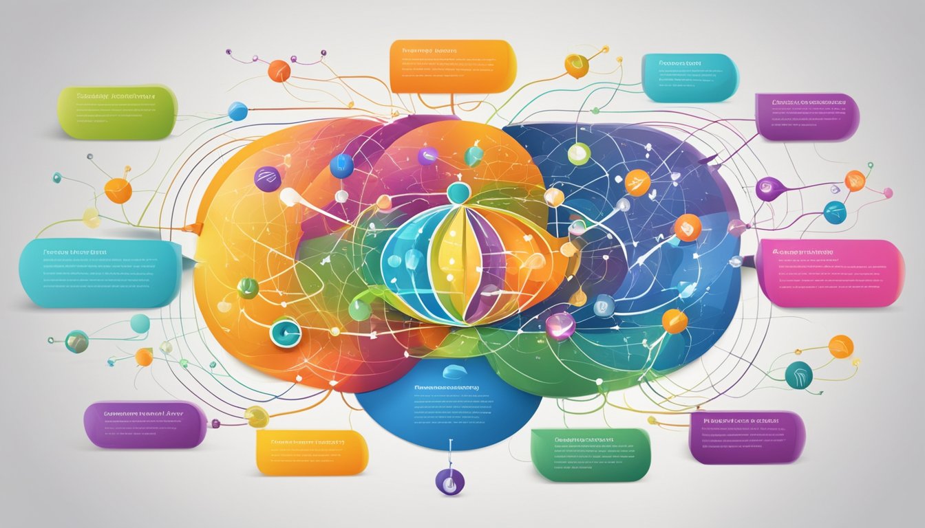 A colorful mind map surrounded by swirling ideas and concepts,
radiating energy and creativity, with arrows connecting various nodes to
illustrate knowledge retention and creative
thinking