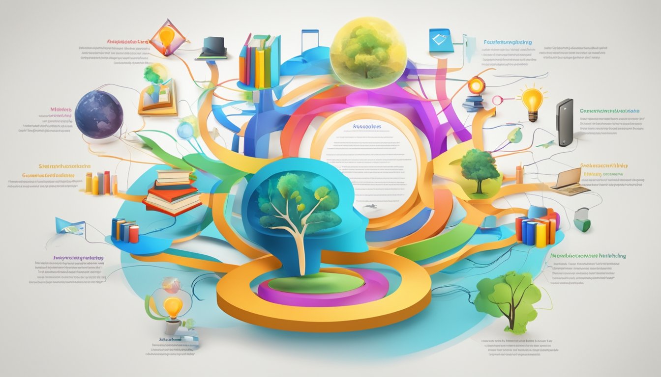 A colorful mind map with interconnected ideas and images, surrounded
by books and educational materials, representing the impact of mind
mapping on creative thinking and knowledge
retention