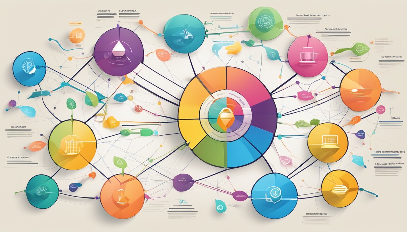 A colorful web of interconnected ideas and concepts, with arrows and
labels, representing the impact of mind mapping on creative thinking and
knowledge
retention