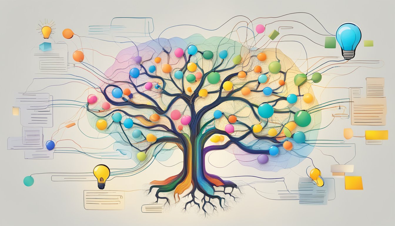 A colorful mind map sprawls across a blank canvas, with branching
lines connecting vibrant nodes filled with information. The map is
surrounded by floating lightbulbs and books, representing creative
thinking and knowledge
retention