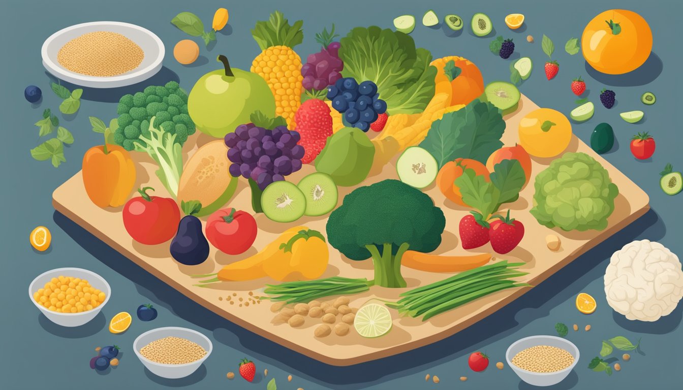 A table filled with colorful fruits, vegetables, and whole grains,
with a brain-shaped diagram showing the connection between nutrition and
optimal brain
function