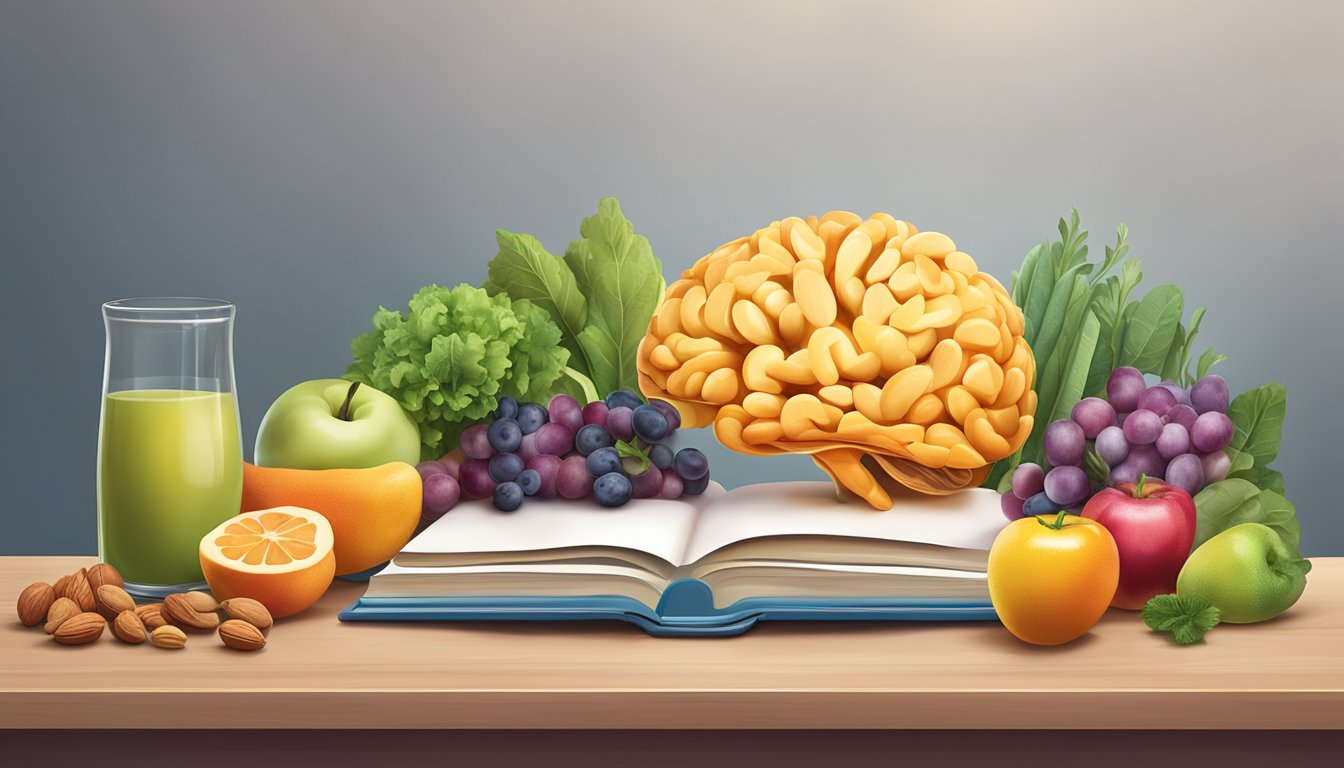 A table with colorful fruits, vegetables, and nuts. A book titled
“Nutrition and Brain Health” open next to a glowing brain
model