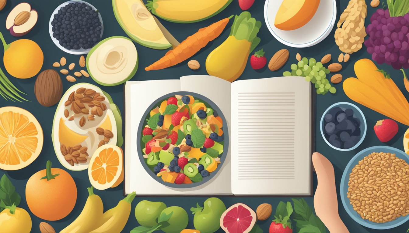 A table filled with colorful fruits, vegetables, nuts, and whole
grains. A book on cognitive performance sits open beside a plate of
brain-boosting
foods