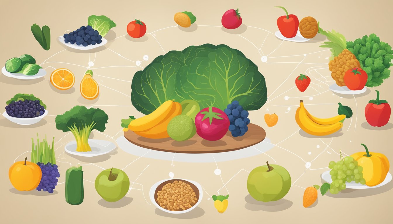 A colorful array of fruits, vegetables, and whole grains on a table,
with a brain-shaped diagram showing the connection between nutrition and
cognitive
health