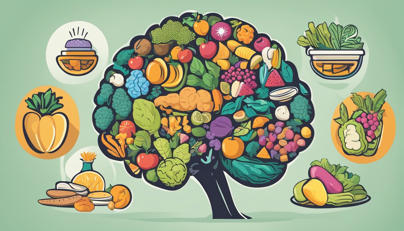 A colorful brain surrounded by various foods, representing the impact
of nutrition on learning. Text “What to Eat for Optimal Brain Function”
in bold
font