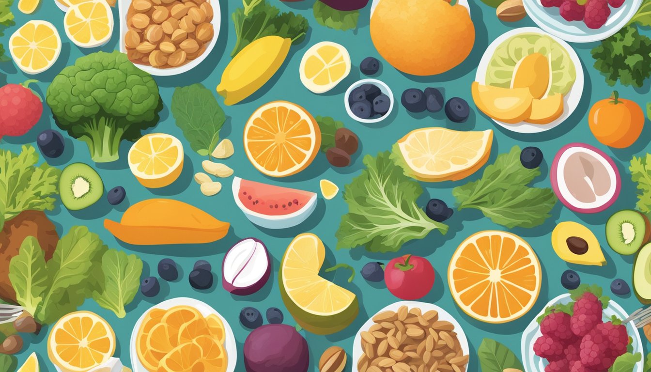 A colorful array of brain-boosting foods arranged on a table,
including fruits, vegetables, nuts, and whole grains, with a shining
spotlight on a plate of fish and leafy
greens