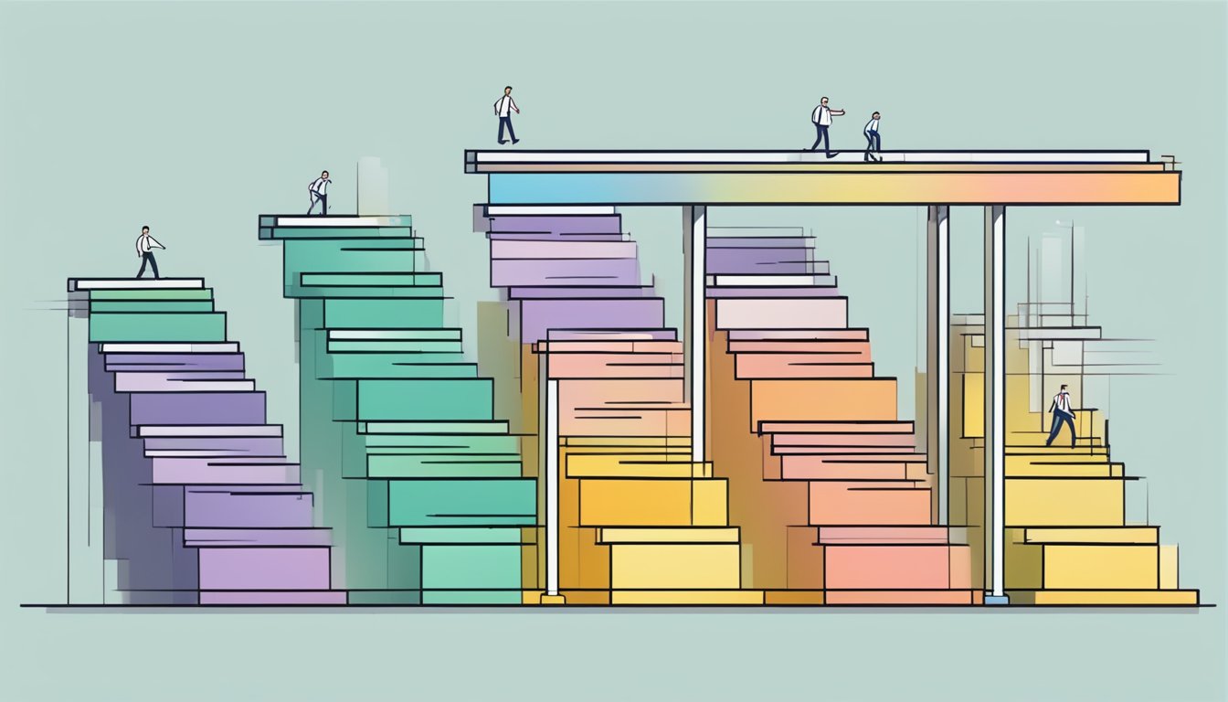 A staircase with a series of small steps leading up to a larger goal
at the top. Each step is labeled with a different challenge or
task