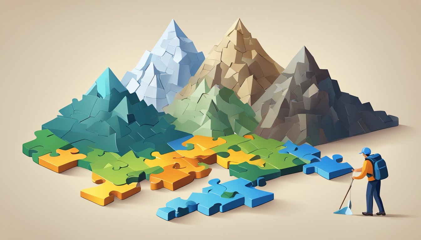 A mountain made of puzzle pieces, each labeled with a challenge. A
figure at the base, breaking pieces off and solving them one by
one
