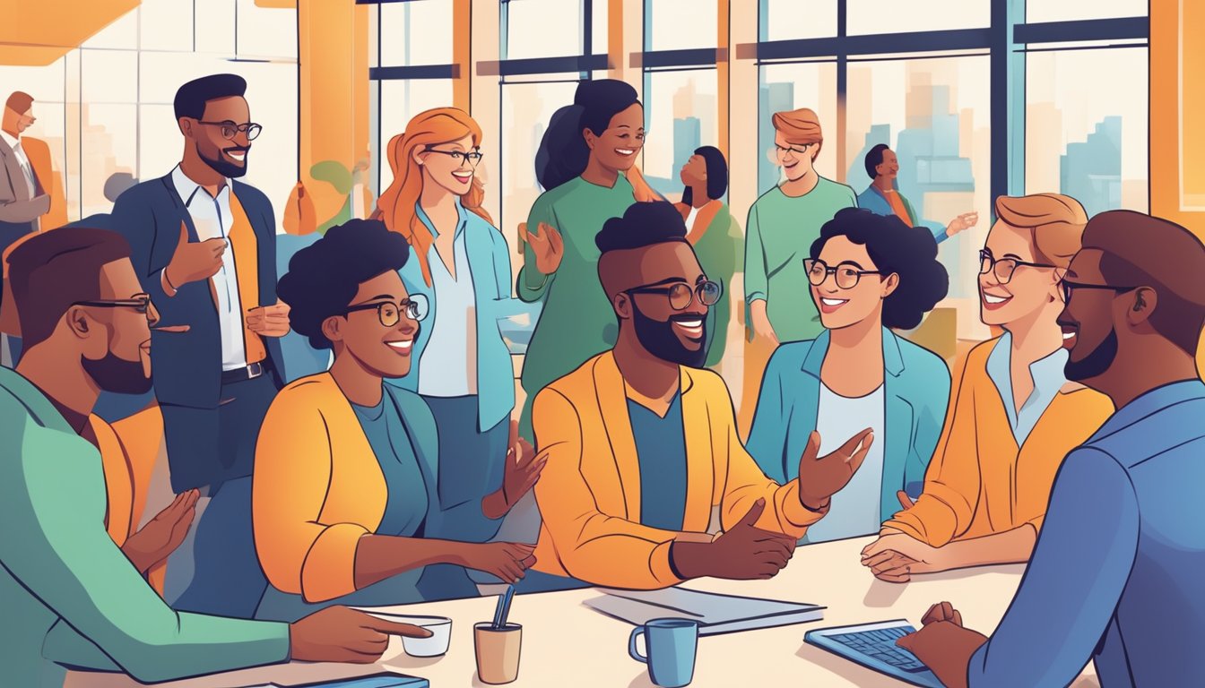 A group of diverse individuals engage in conversation, exchanging
ideas and contact information at a networking event. They are smiling
and gesturing towards each other, demonstrating the benefits of
connecting and
collaborating