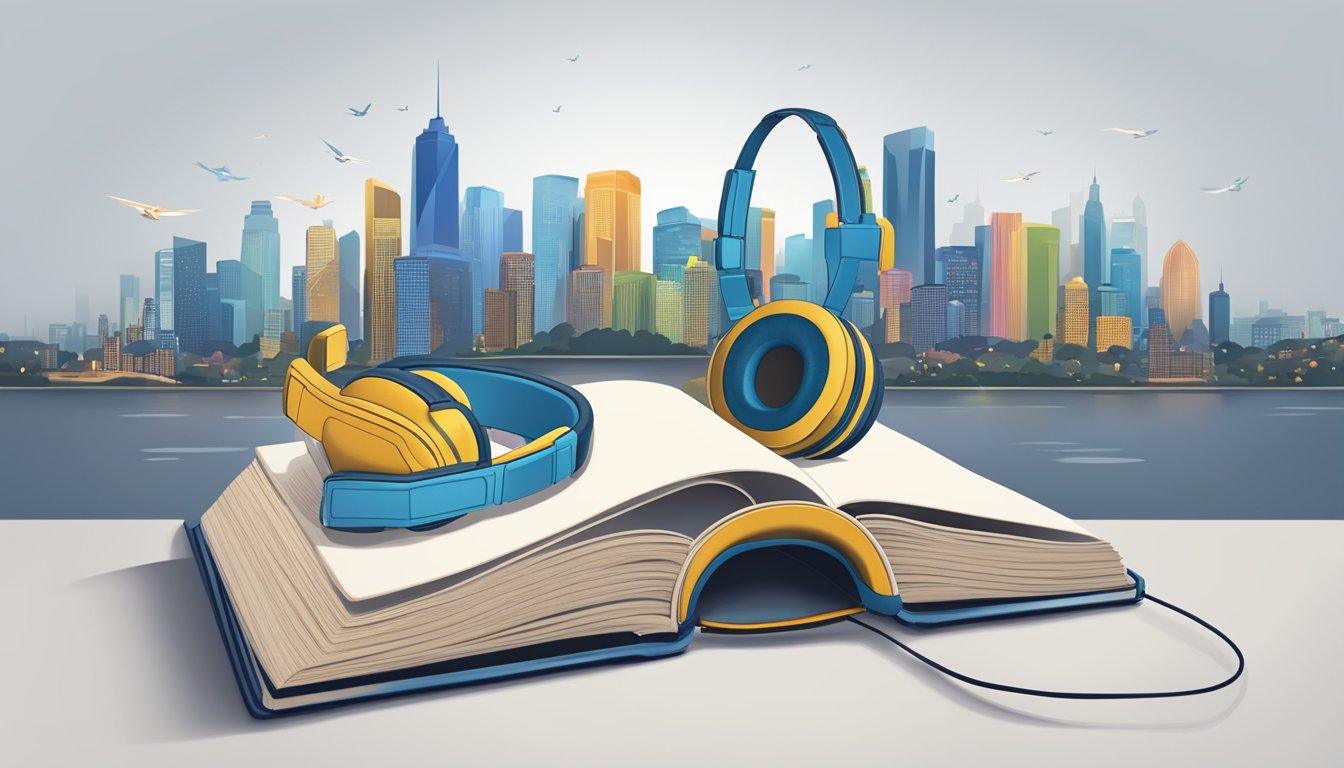 An open book morphs into a set of headphones, symbolizing the
evolution of audiobooks. A city skyline in the background represents the
transformation of commutes into learning
sessions