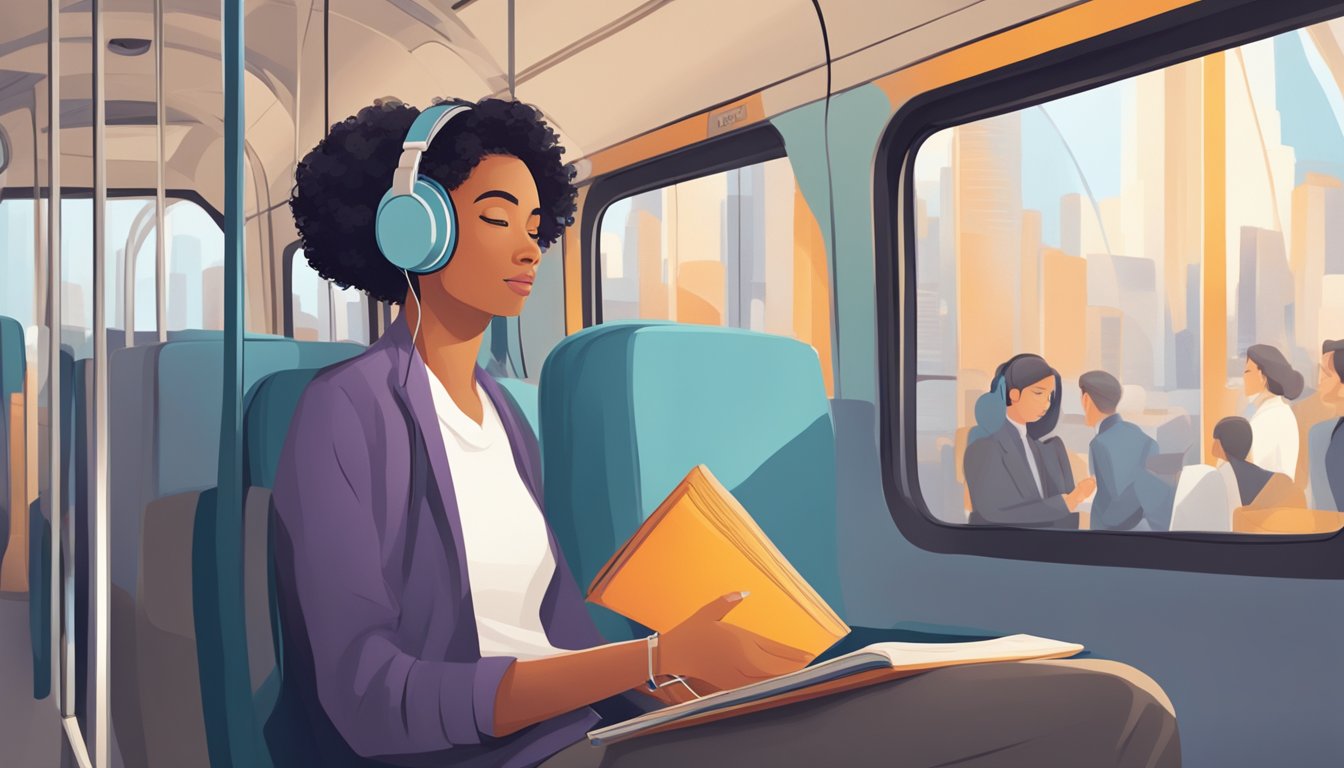 A person listens to an audiobook on headphones while commuting. The
person looks engaged and focused, with a sense of learning and
empowerment