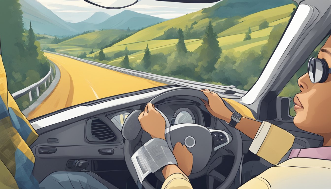 A person sitting in a car, listening to an audiobook with headphones
on, while driving through a scenic
route