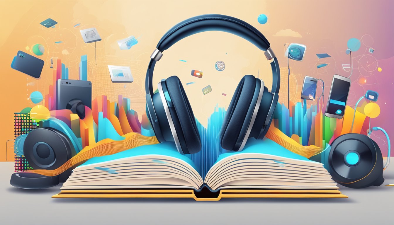 An open book with sound waves emanating from it, surrounded by various
electronic devices and
headphones