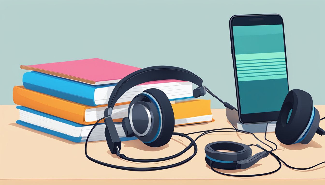 A stack of audiobooks sits on a table, with headphones draped over
them. A car dashboard with a smartphone plugged in plays an
audiobook