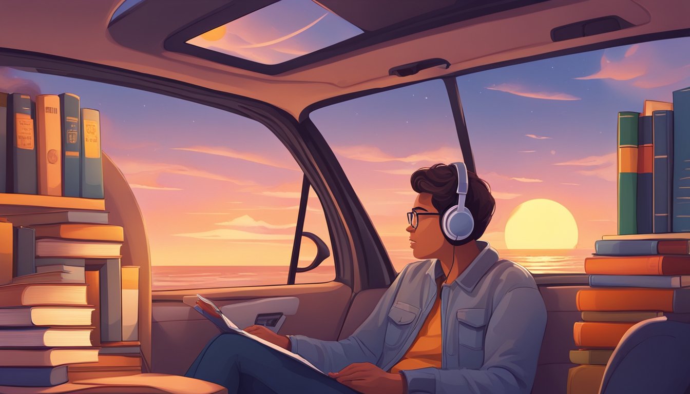 A person listens to an audiobook in a car, surrounded by books and
educational materials. The sun sets in the background, creating a warm
and inviting atmosphere for
learning