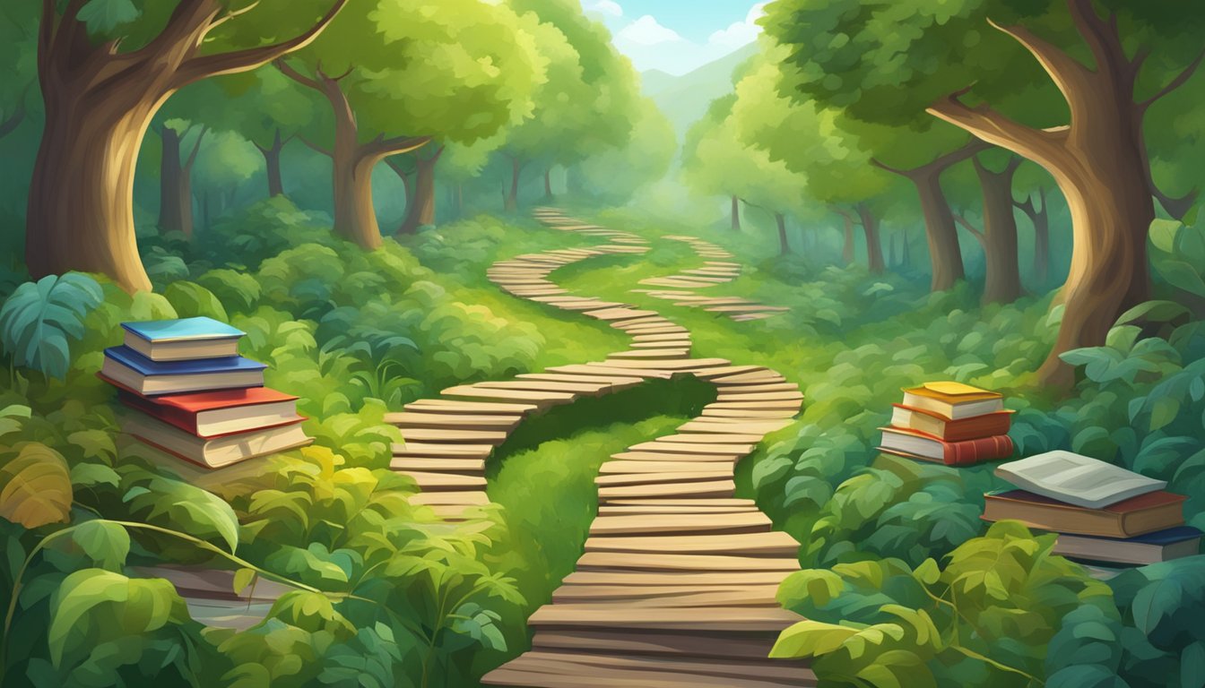 A winding path leads through a lush forest, with books and tools
scattered around, symbolizing a journey of continuous learning and
growth