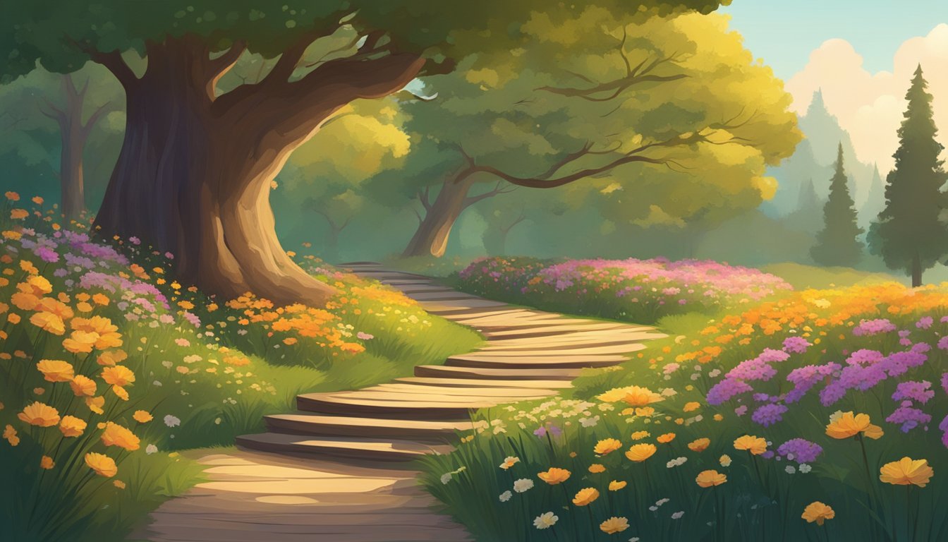 A winding path leads through a lush, green landscape, dotted with
vibrant flowers and tall trees. A book sits open on a rustic wooden
bench, with a warm, golden light illuminating the
pages